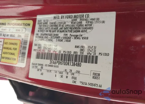 2013 Ford Fusion Se z USA, uszkodzony, nr VIN 3FA6P0H70DR138480